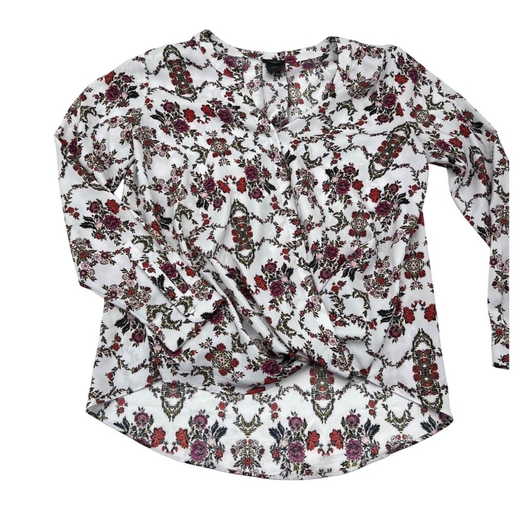 Ann Taylor Factory Women's‎ Floral Print Blouse M White/Red Long Sleeve
